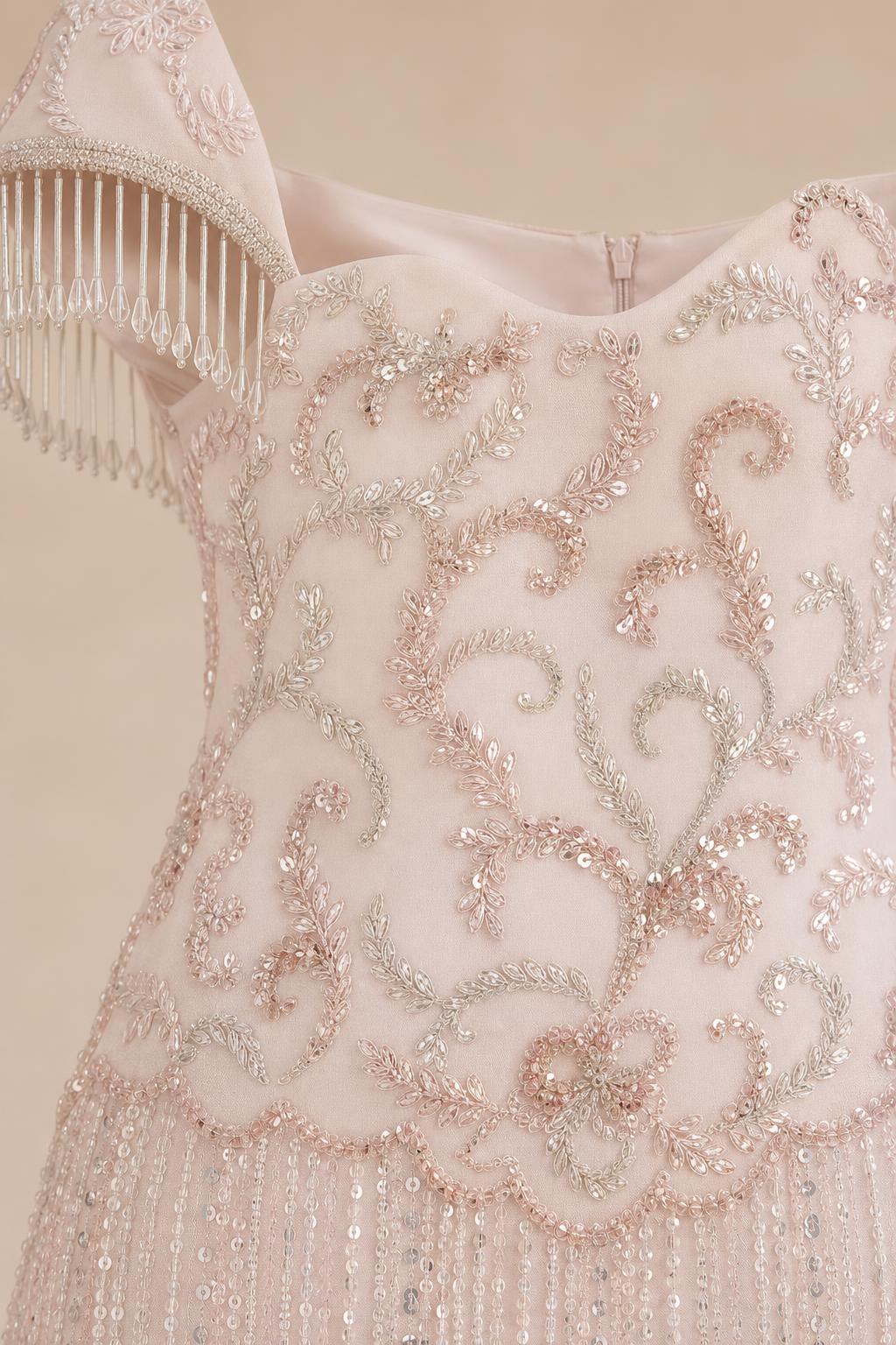 Close-up detail of the bodice embroidery and fringe sleeves