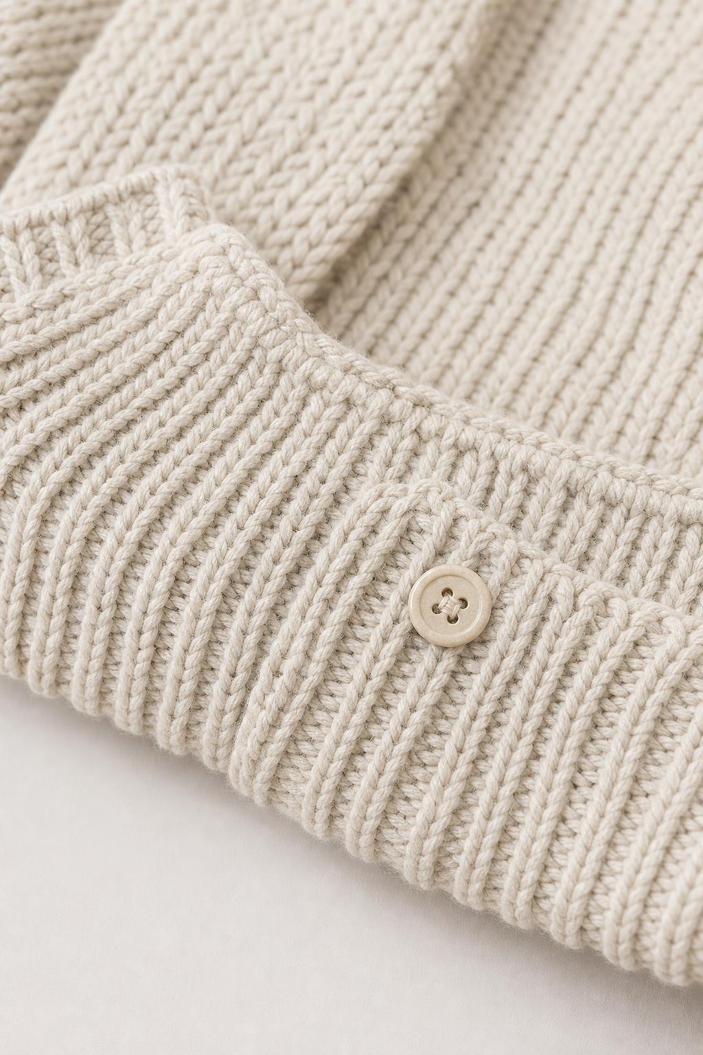 Close-up detail of knit texture and button accent