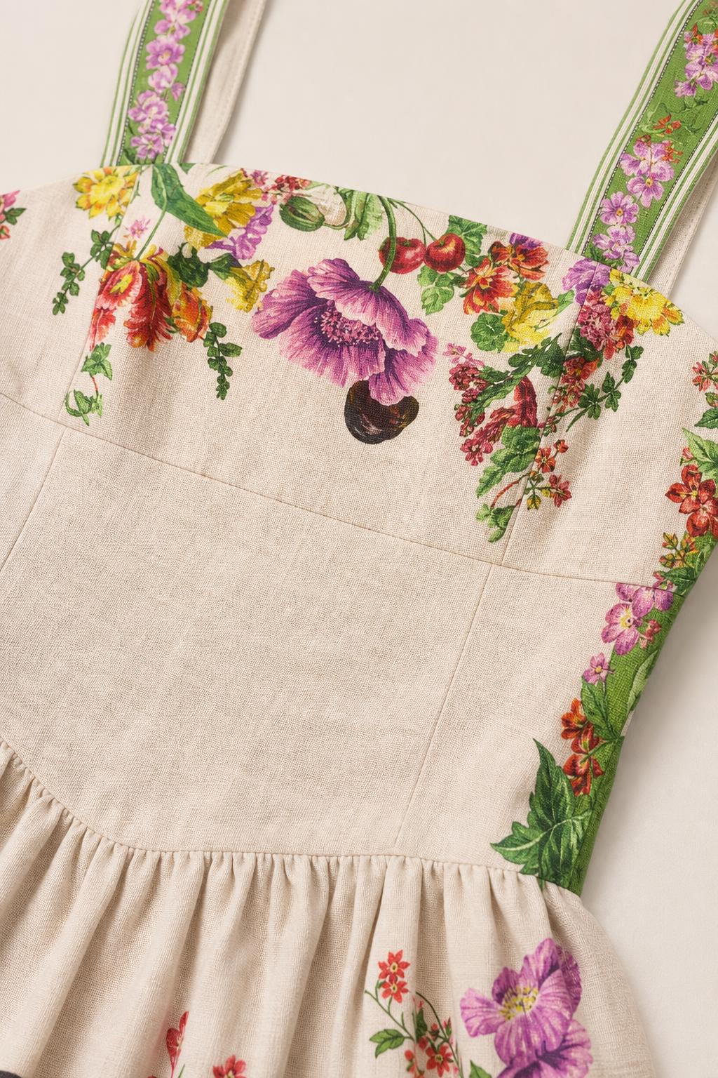 Close-up of square neckline and floral shoulder strap details