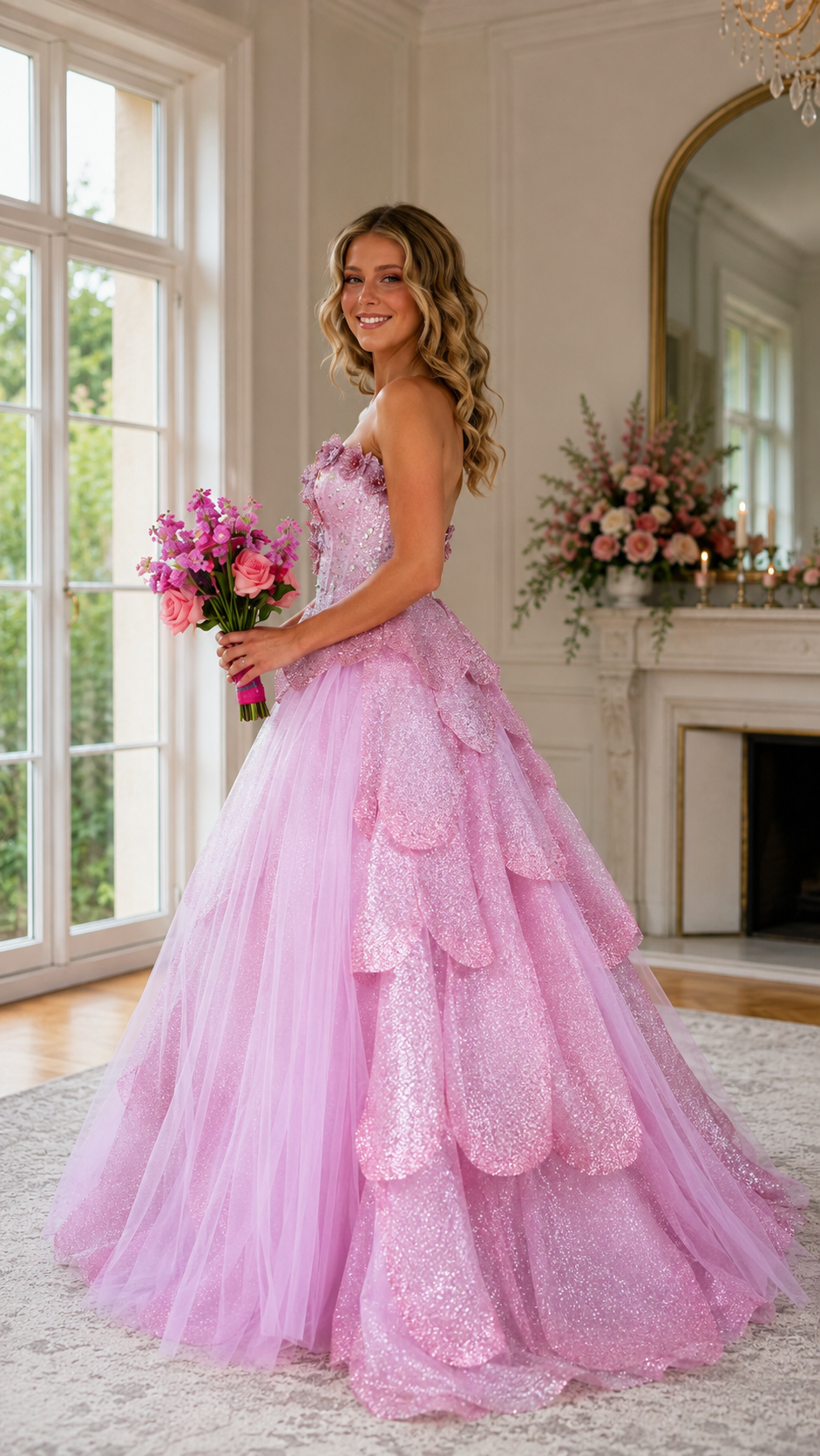 Side view of blush pink strapless ball gown with voluminous layered tulle skirt