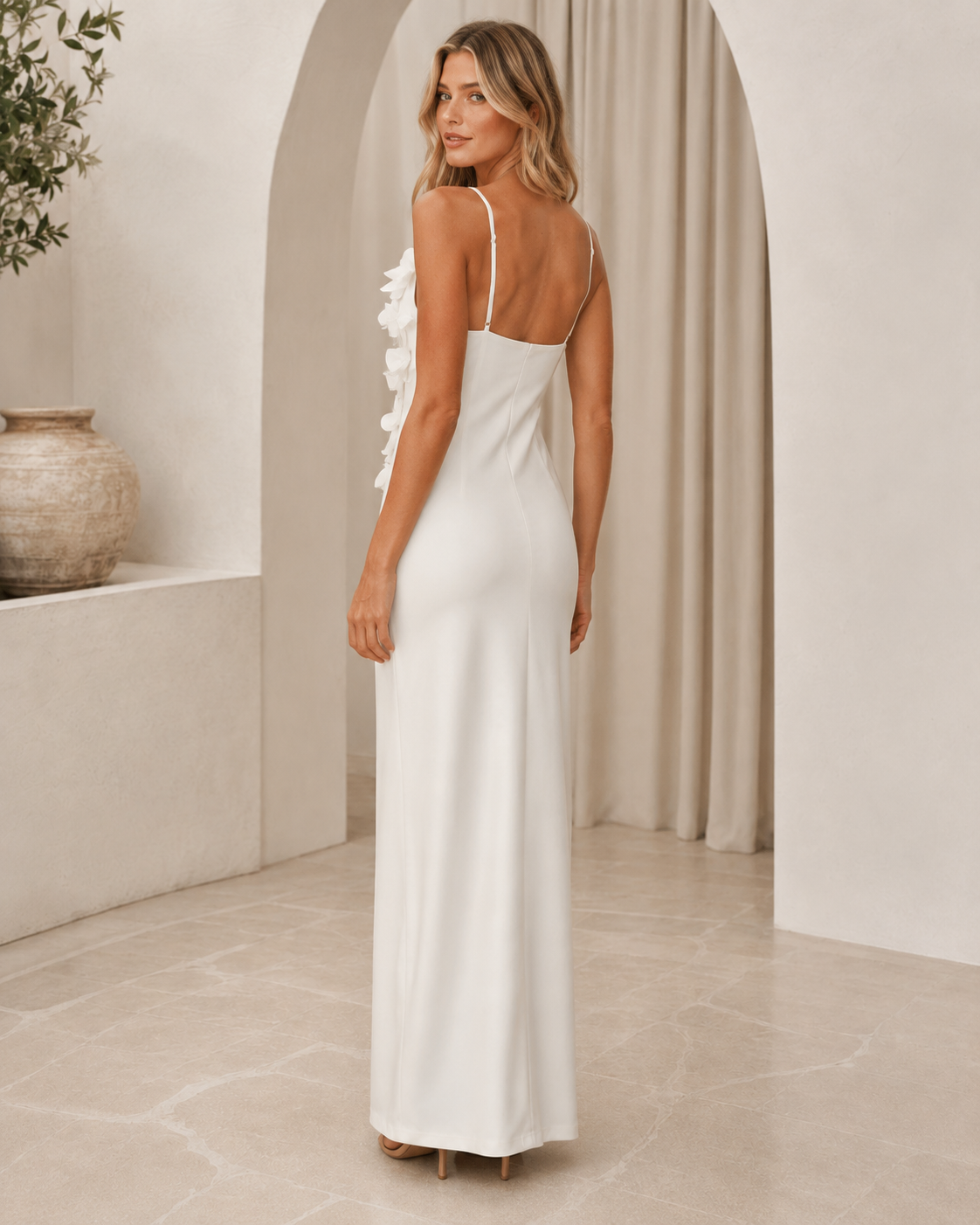 White floral appliqué cami maxi dress back view
