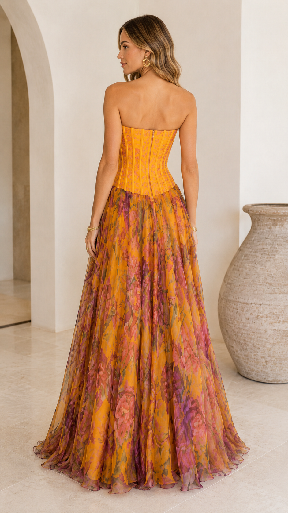 Marigold strapless corset floral maxi gown back view