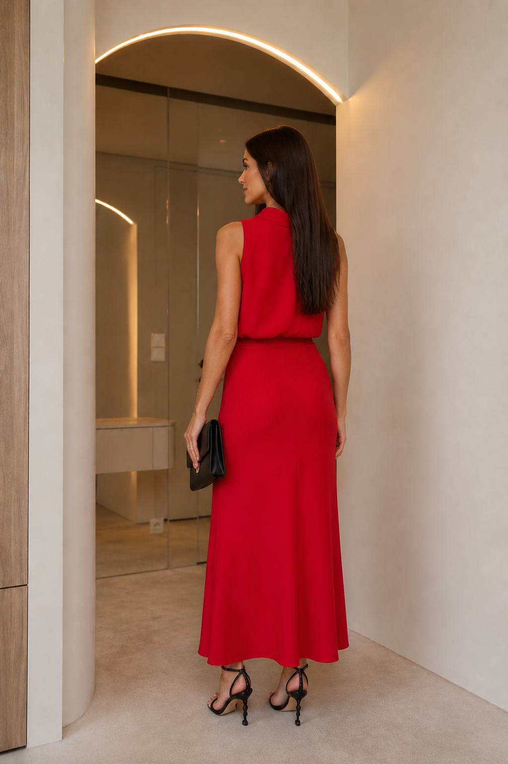 Back view of red sleeveless draped cowl neck midi dress
