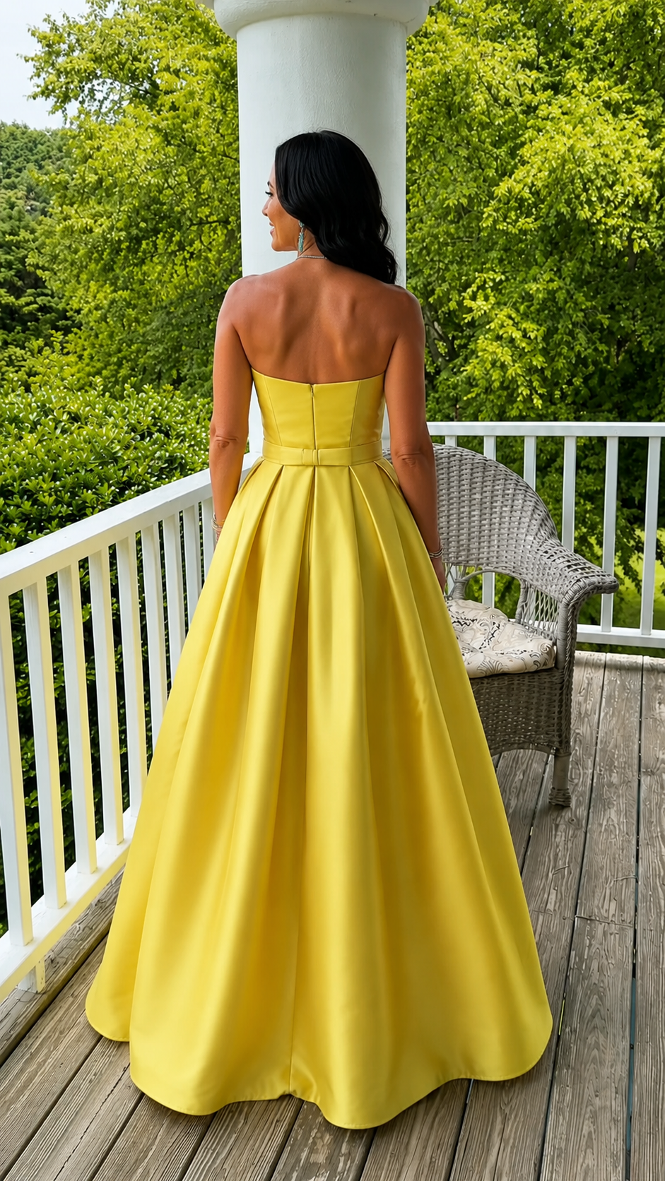 Back view of yellow strapless full skirt formal gown