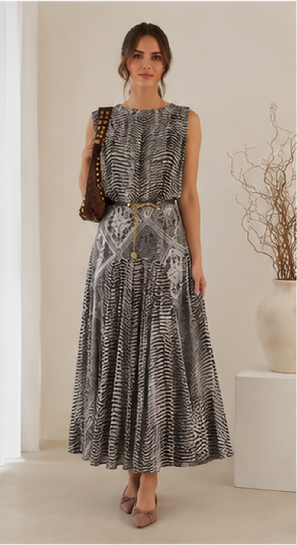 Women's printed sleeveless belted midi dress in Black