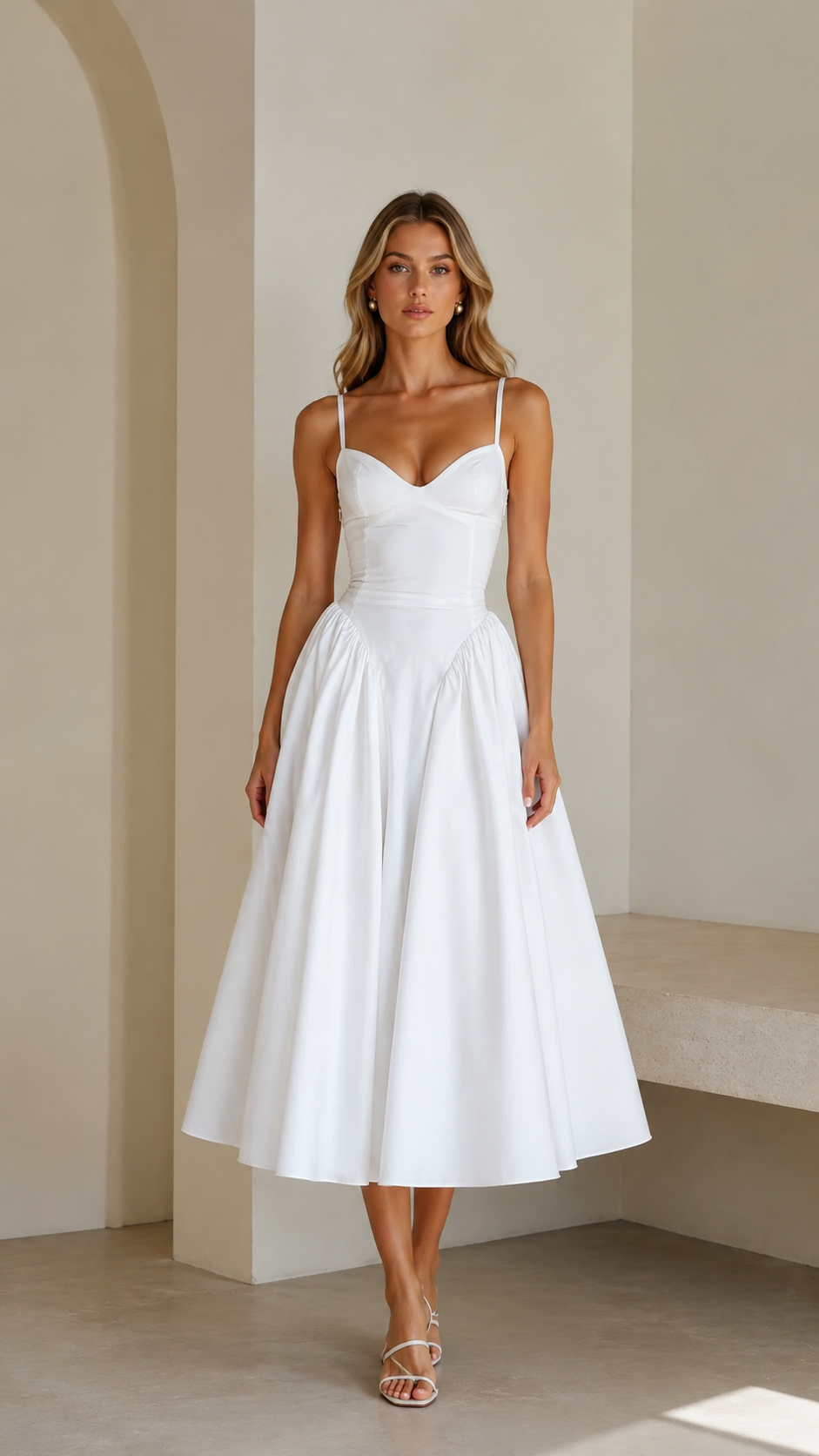 Full front view of white sweetheart neckline fit and flare midi dress