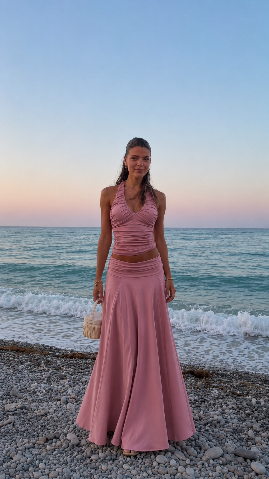 Front view of dusty rose ruched halter top and maxi skirt matching set