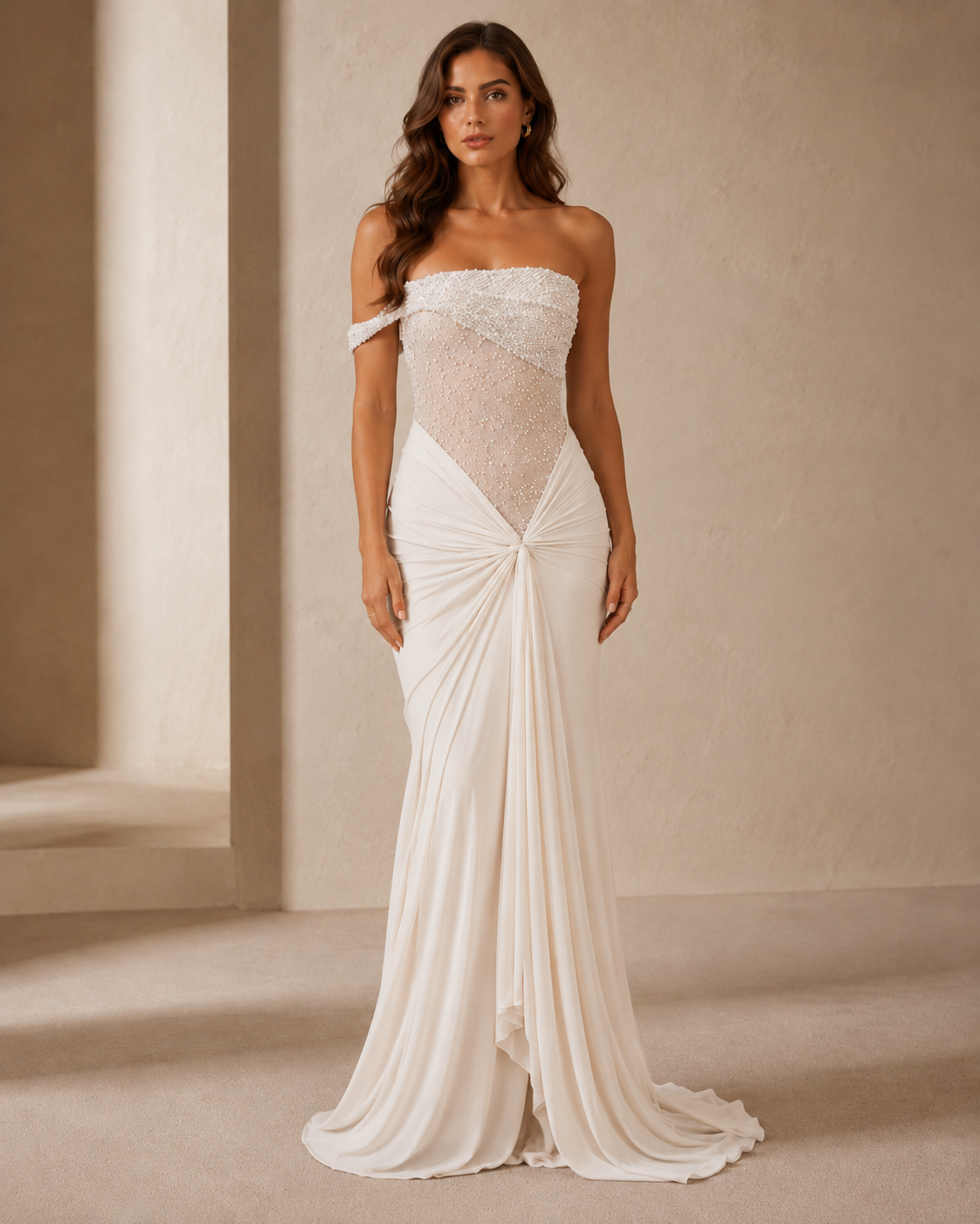 Ivory off-shoulder embellished formal gown with soft draped skirt front view