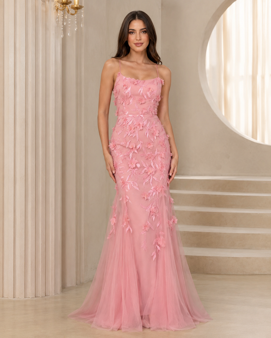 Front view of blush pink floral appliqué mermaid maxi dress