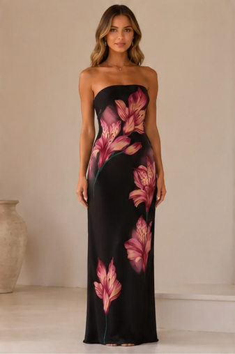 Black strapless floral print maxi dress front view