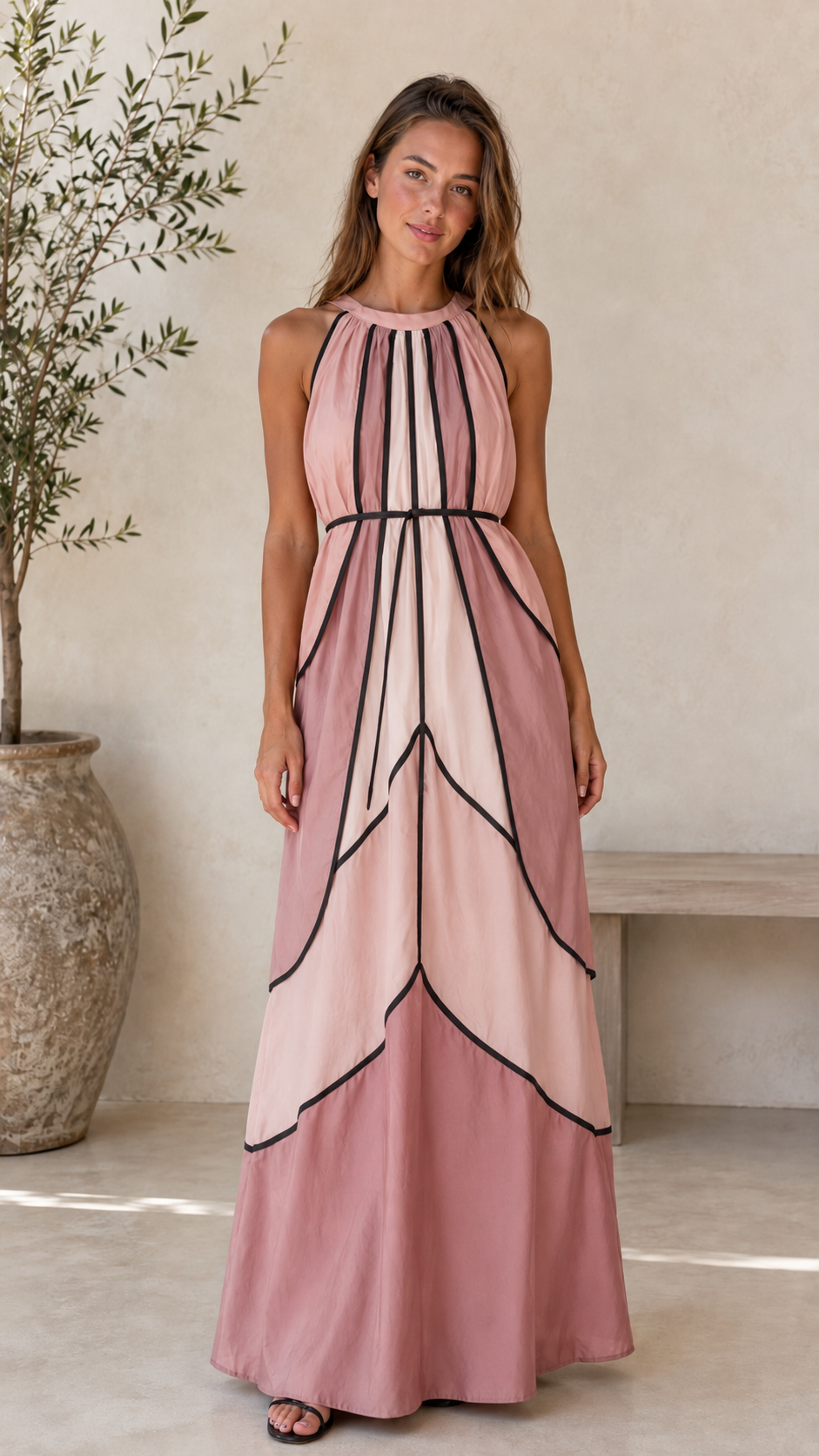 Front view of blush pink halter maxi dress with contrast trim and flowing skirt