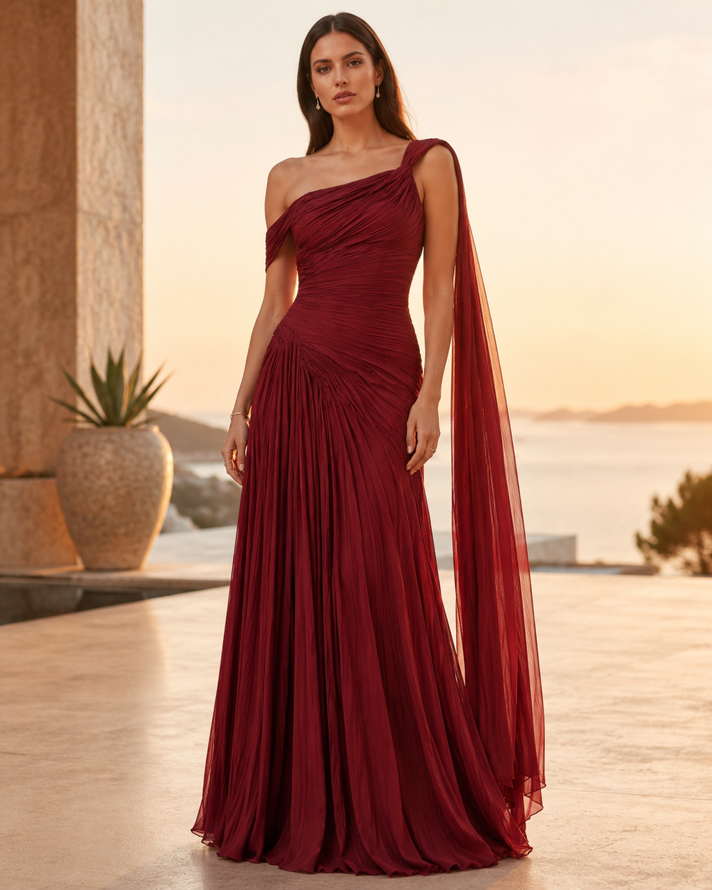 Wine pleated one-shoulder formal dress with ruched bodice and sheer shoulder drape