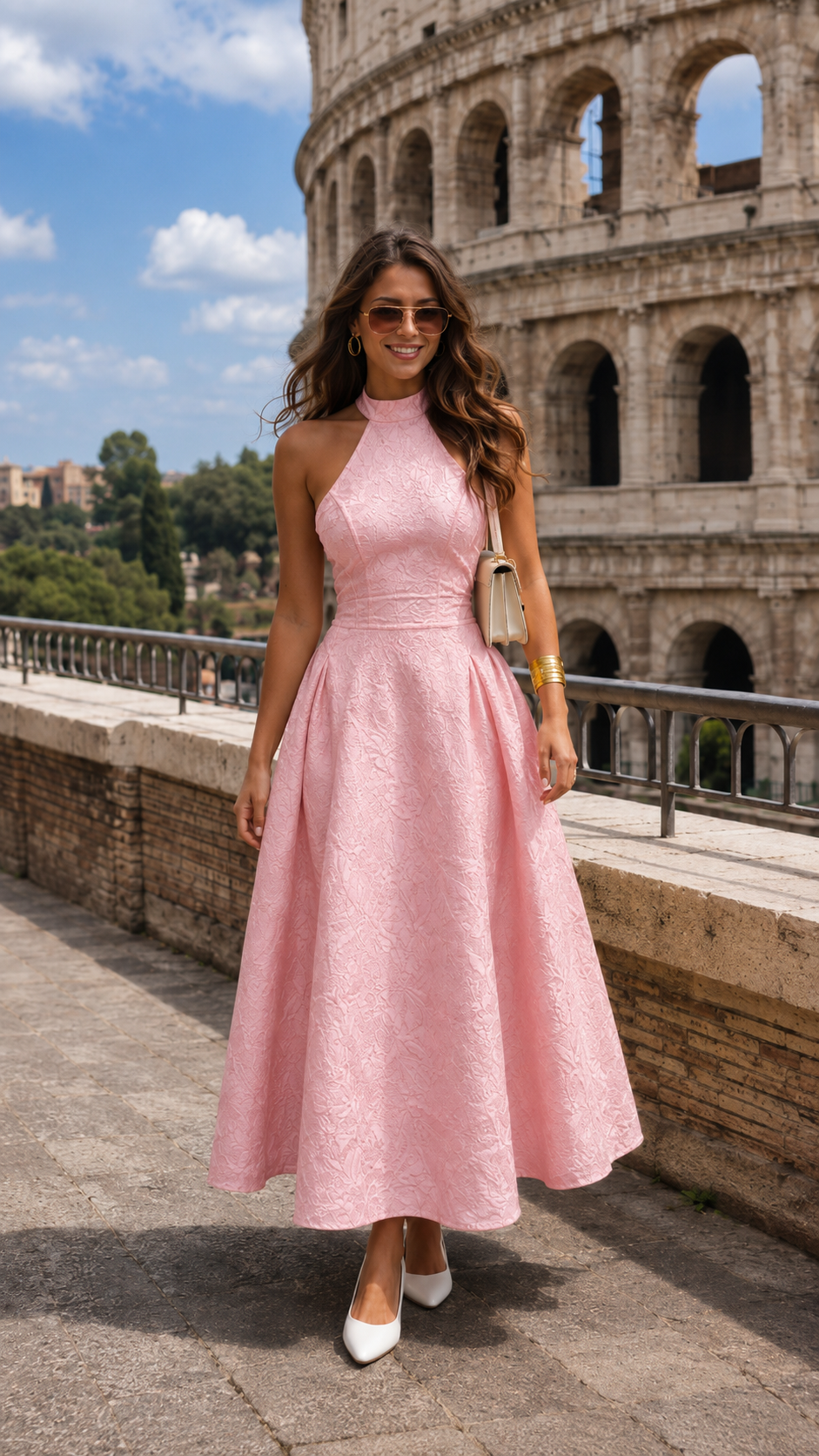 Front view of blush pink halter neck jacquard midi dress