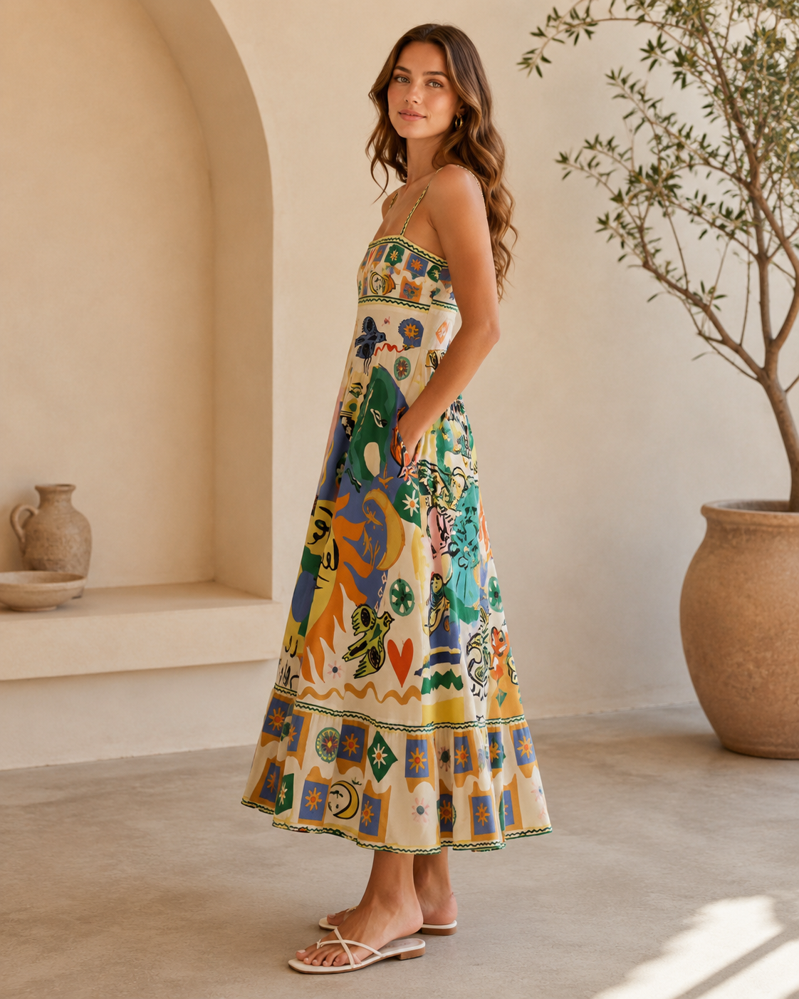 Side view of multicolor printed maxi dress showing skirt volume and pocket