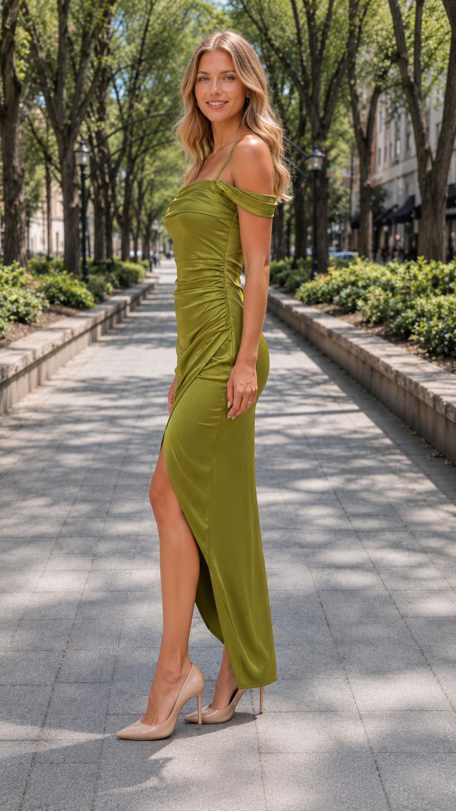 Side view of olive off-shoulder ruched satin-look dress with front slit and slim fit shape