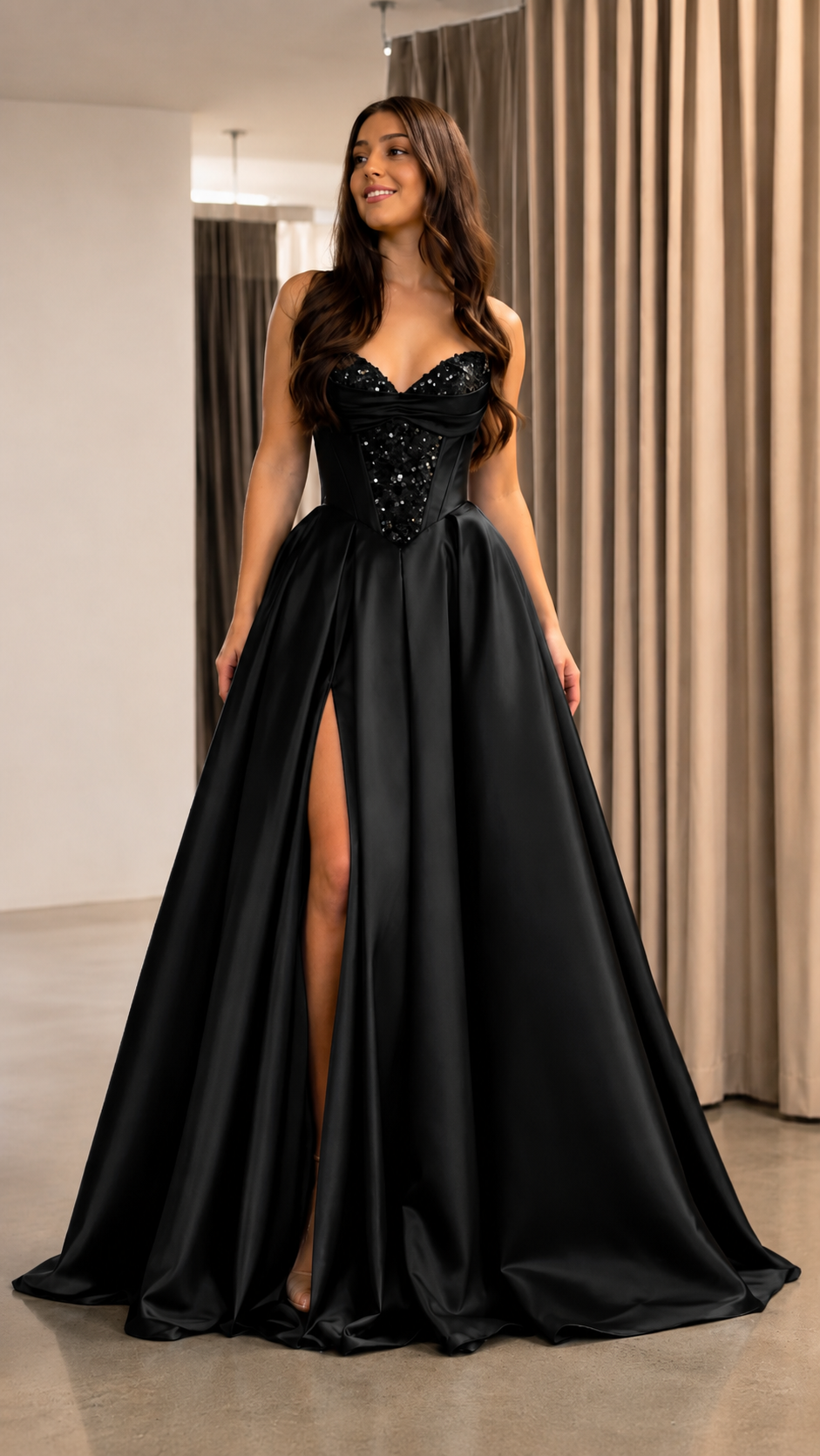 Black strapless sweetheart ball gown with embellished corset bodice and full-length skirt