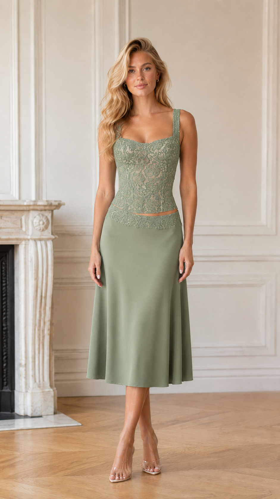 Front view of sage green lace bodice midi dress with square neckline