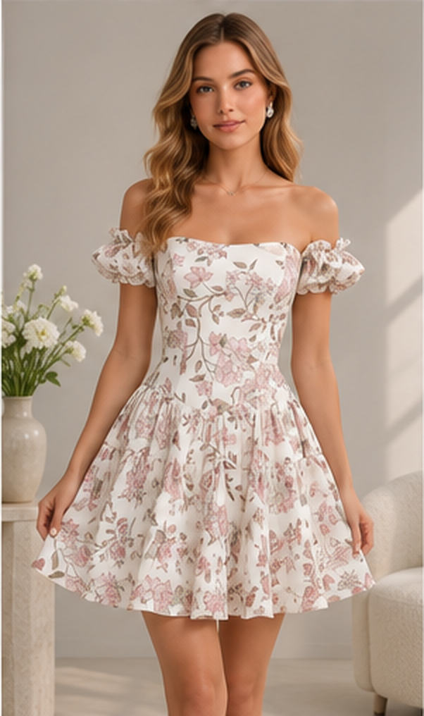 Front view of ivory floral off shoulder fit and flare mini dress