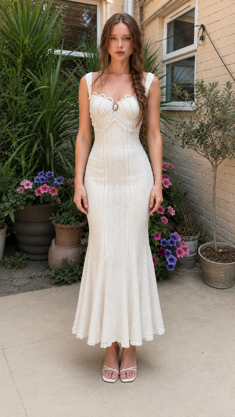 Front view of ivory textured sweetheart mermaid midi dress