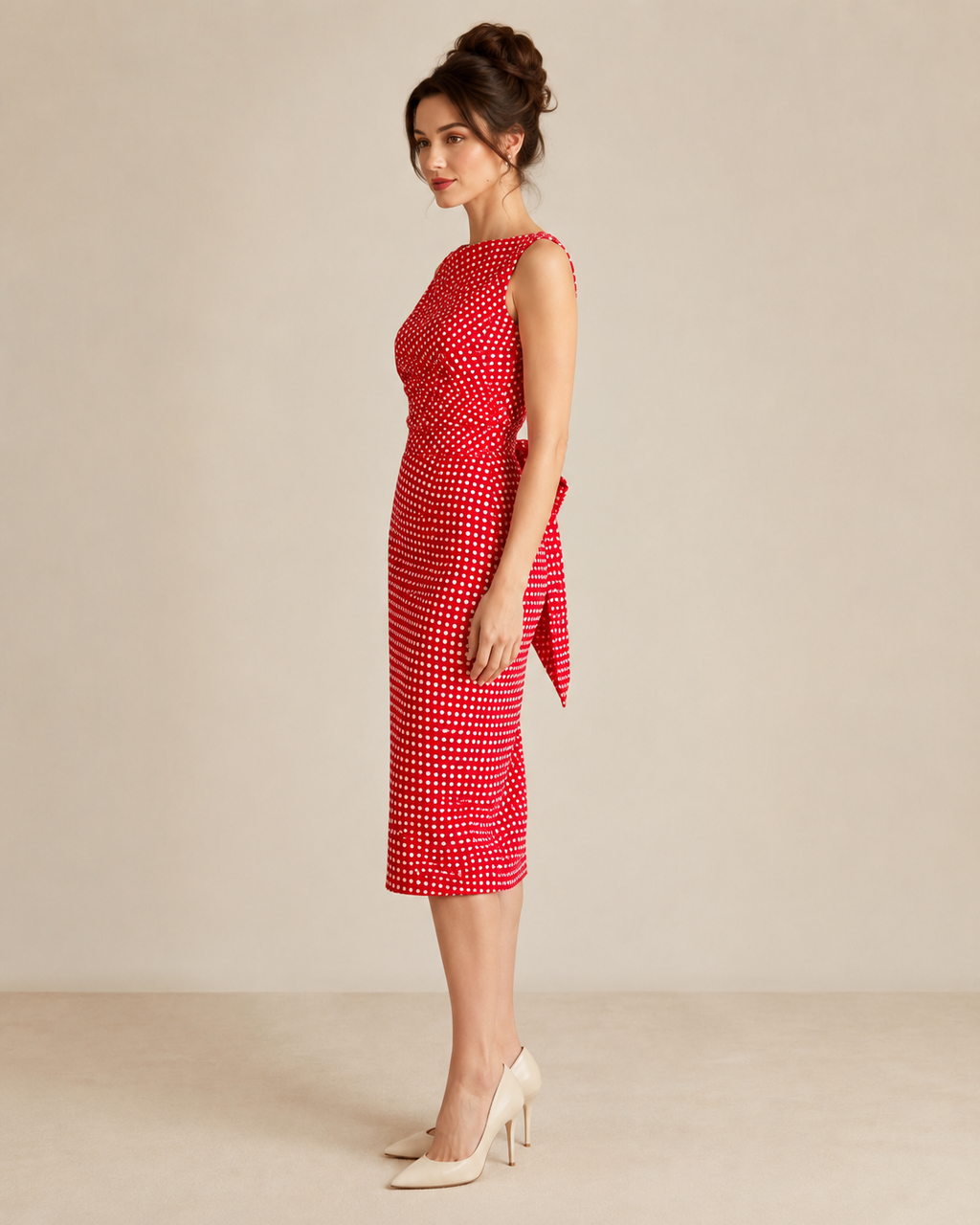Side view of red polka dot fitted midi dress with back tie detail
