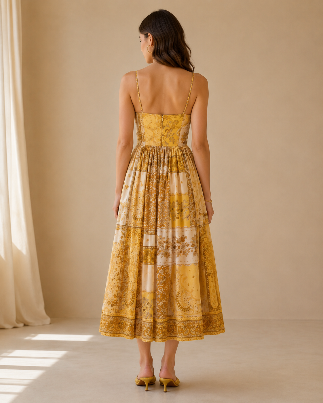 Golden yellow printed midi dress back view
