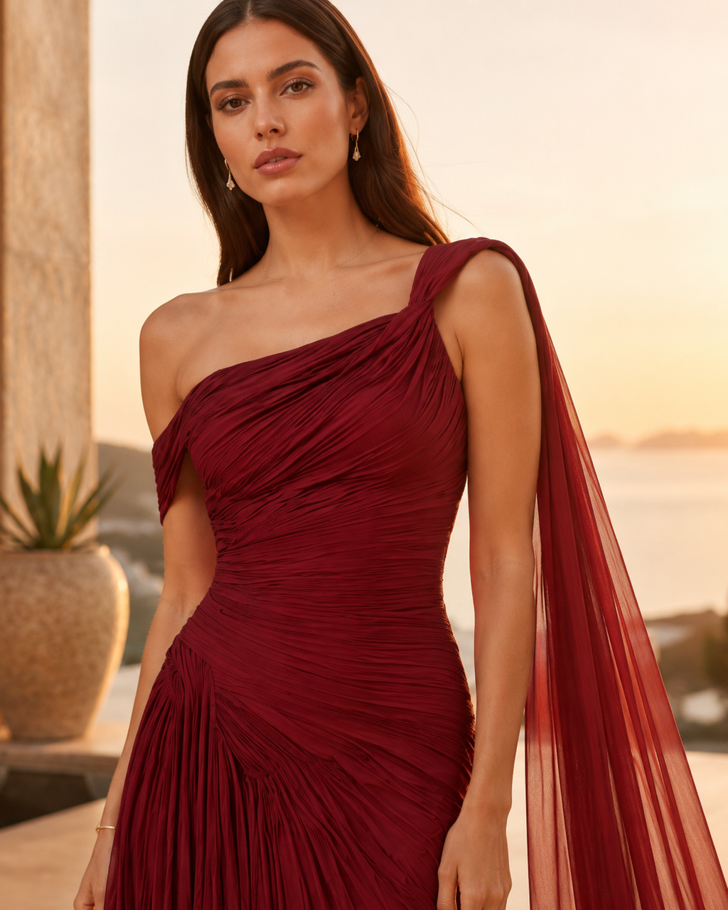 Close-up of wine one-shoulder ruched bodice with sheer shoulder drape detail