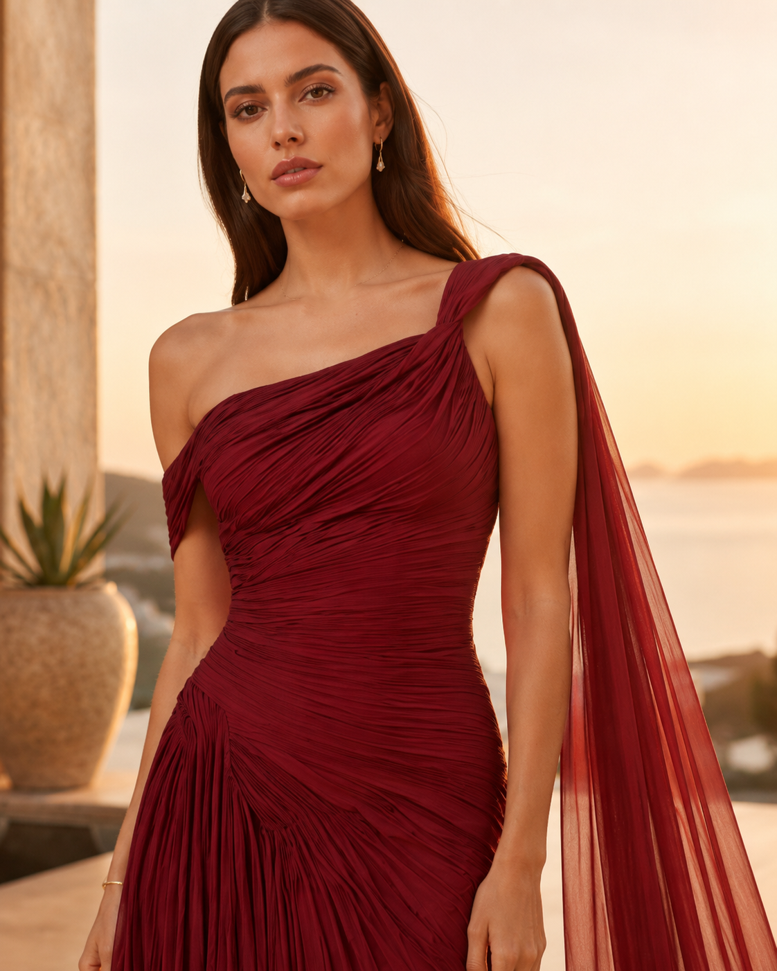 Close-up of wine one-shoulder ruched bodice with sheer shoulder drape detail