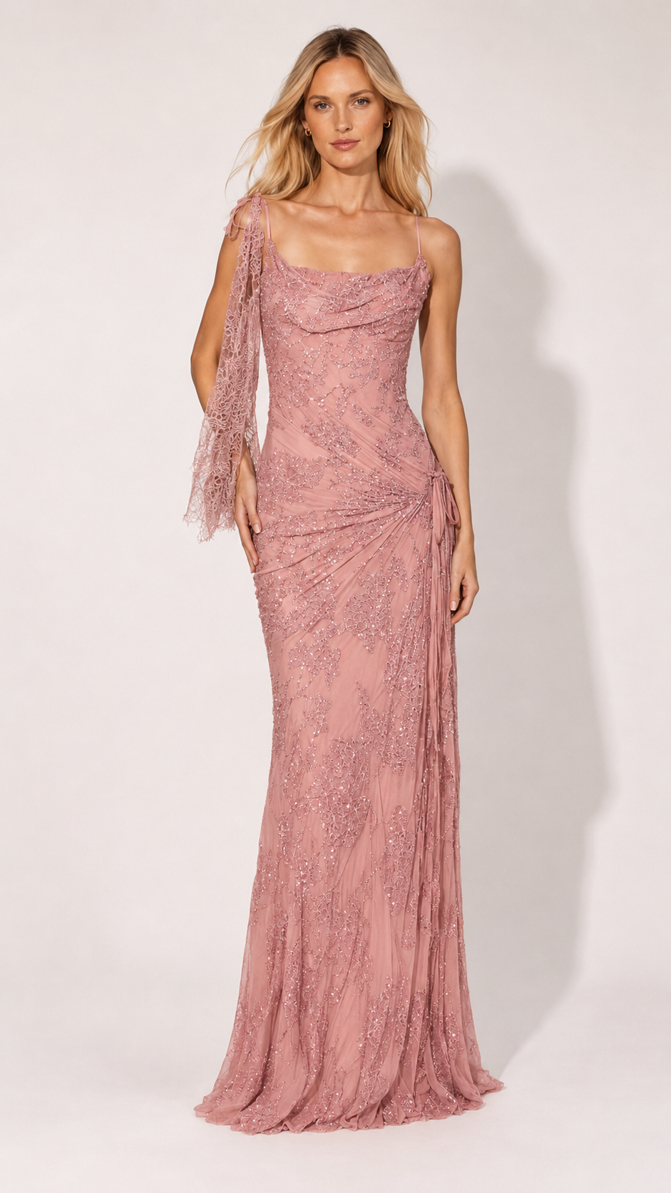 Front view of dusty rose shimmer evening gown with slim straps and floor-length hem