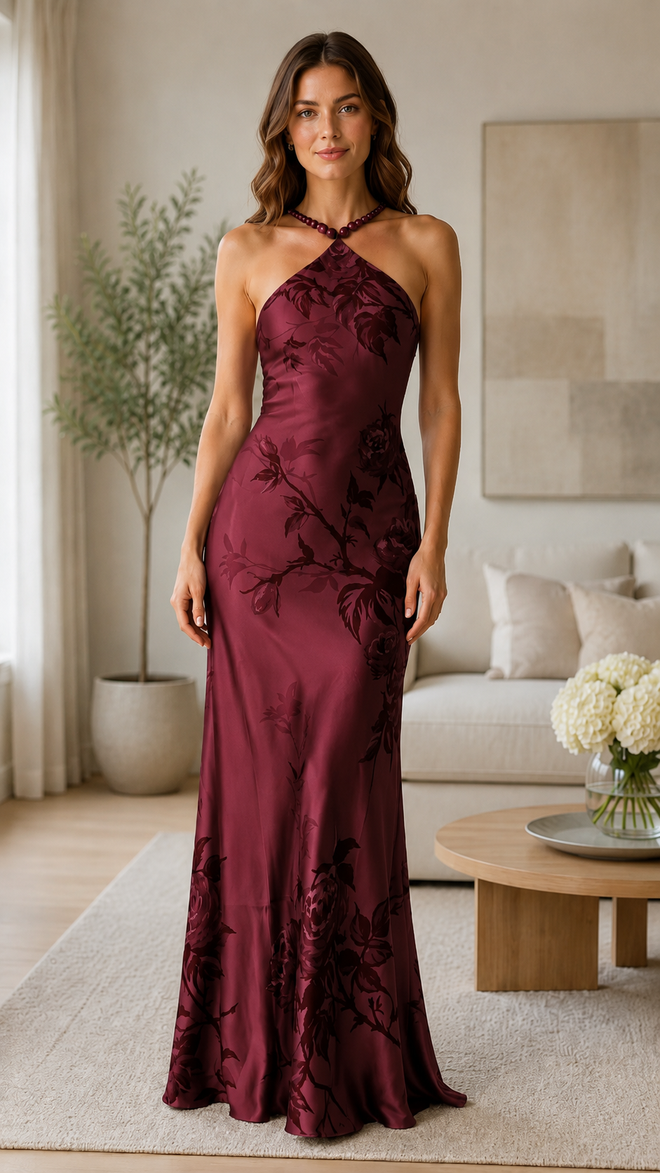 Burgundy floral satin-look halter maxi dress front view