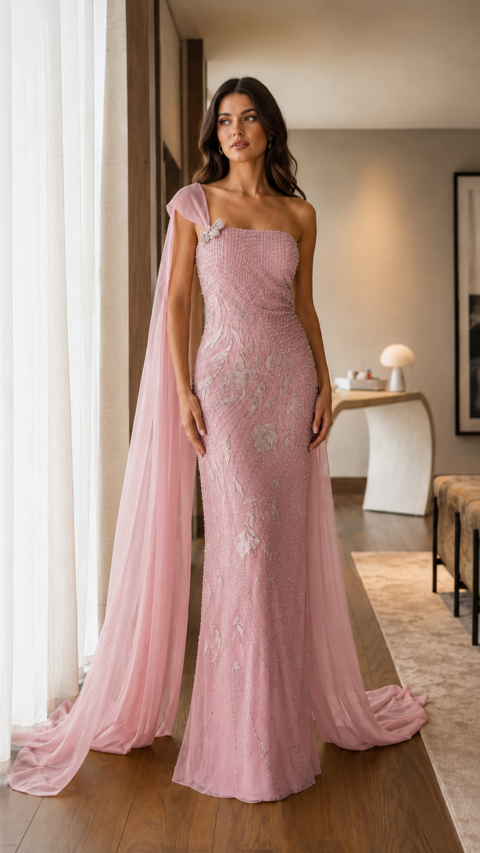 Front view of blush pink embellished mermaid gown with one-shoulder cape