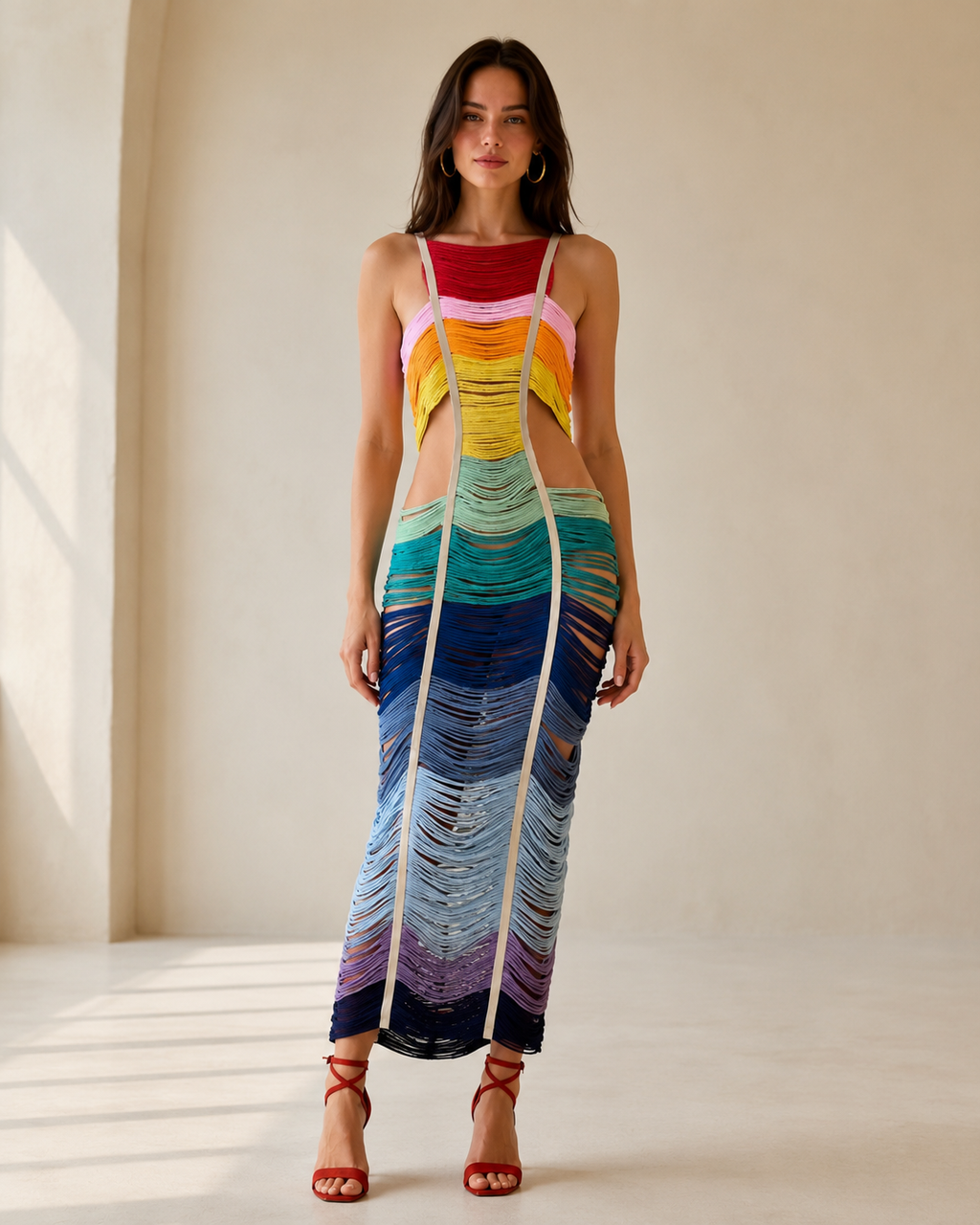 Front view of rainbow ombre sleeveless ruched cutout maxi dress