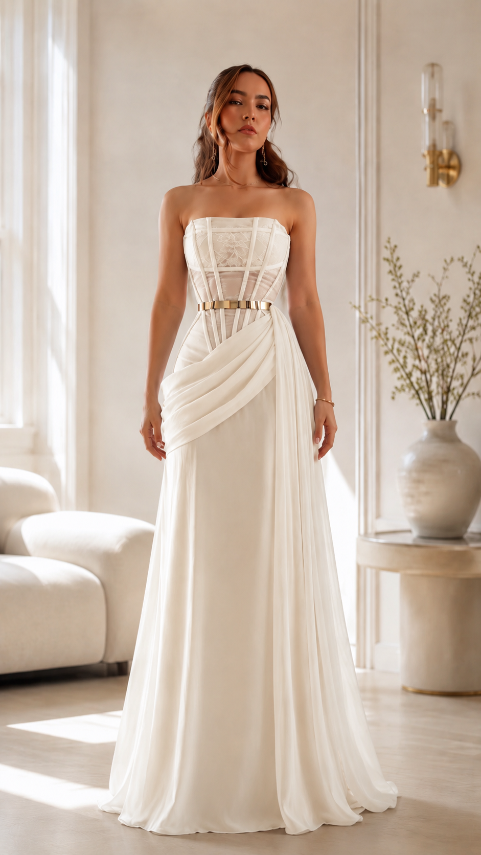 Ivory strapless draped corset maxi evening dress front view