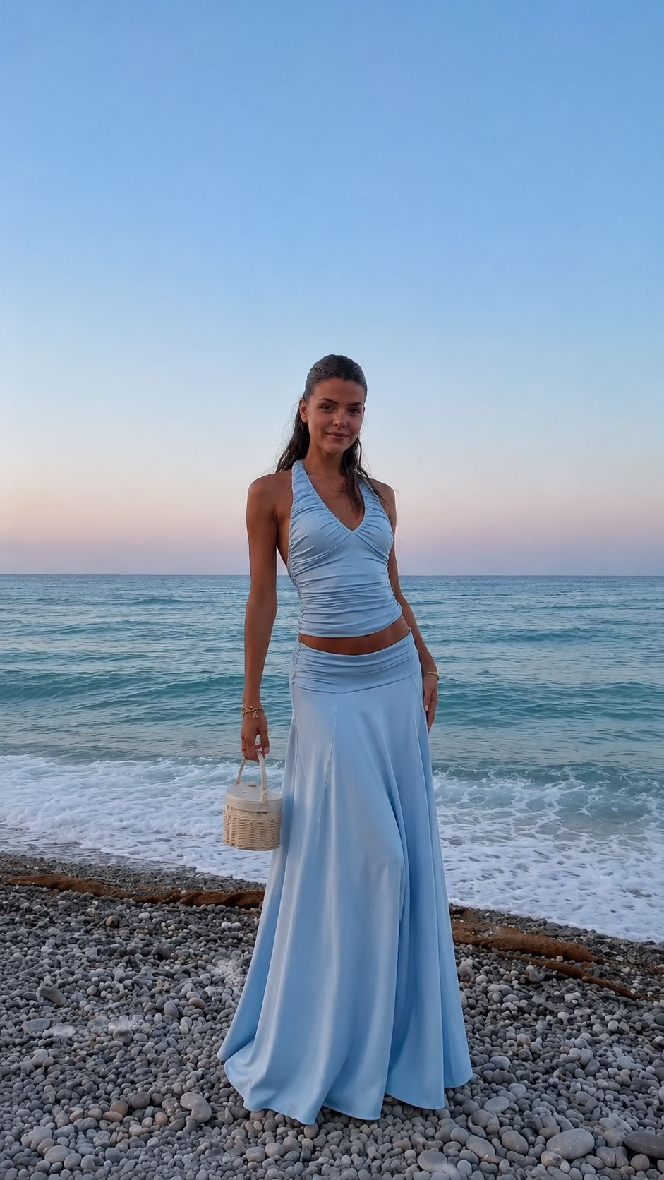 Front view of sky blue halter ruched top and maxi skirt set