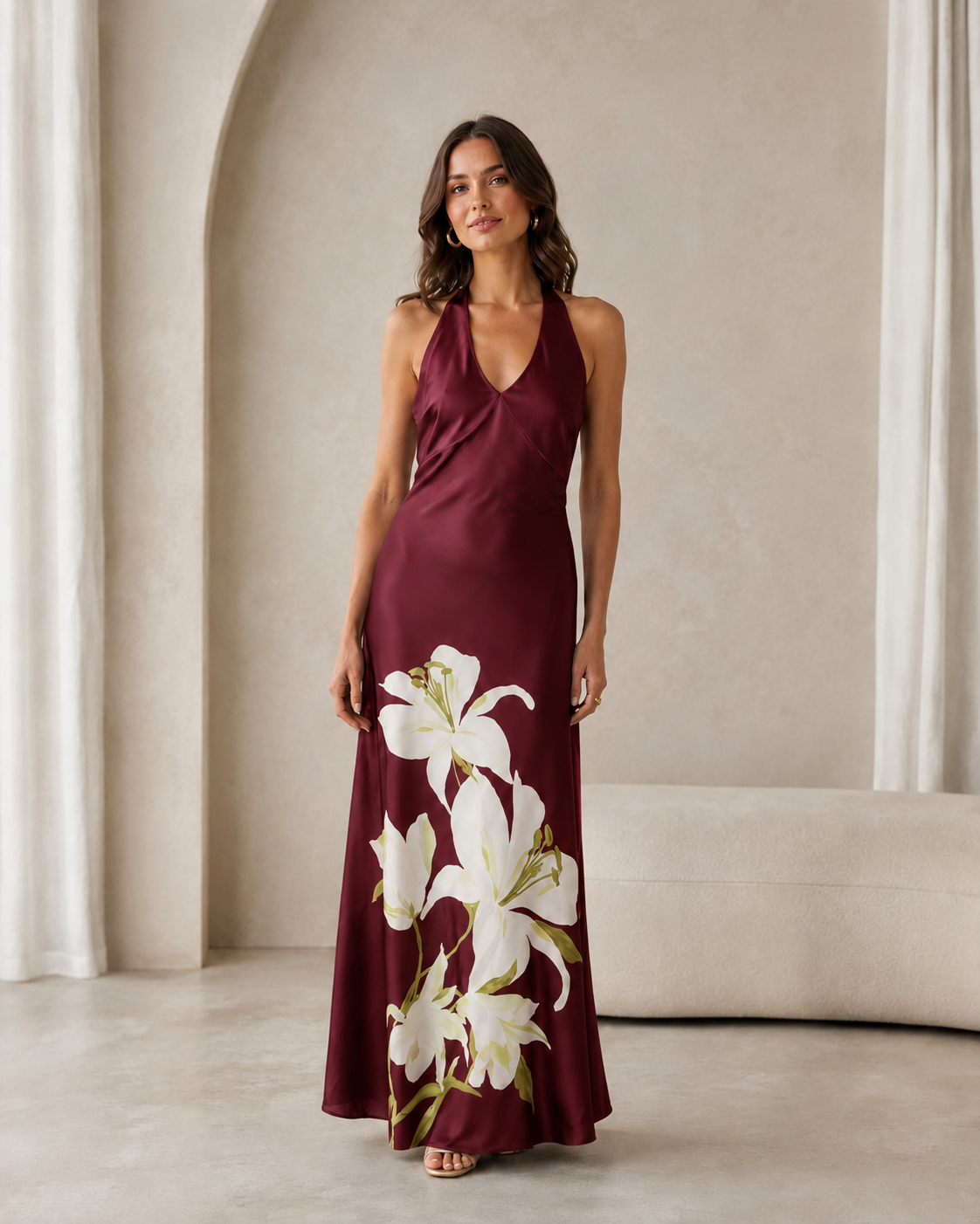 Burgundy halter maxi dress with oversized white floral print