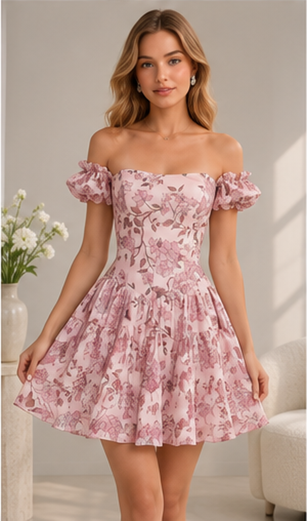 Front view of dusty pink floral off shoulder mini dress with puff sleeves