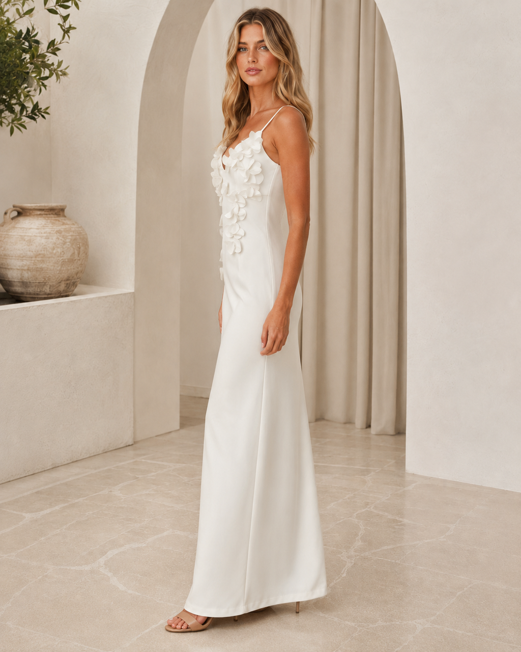 White floral appliqué cami maxi dress side view