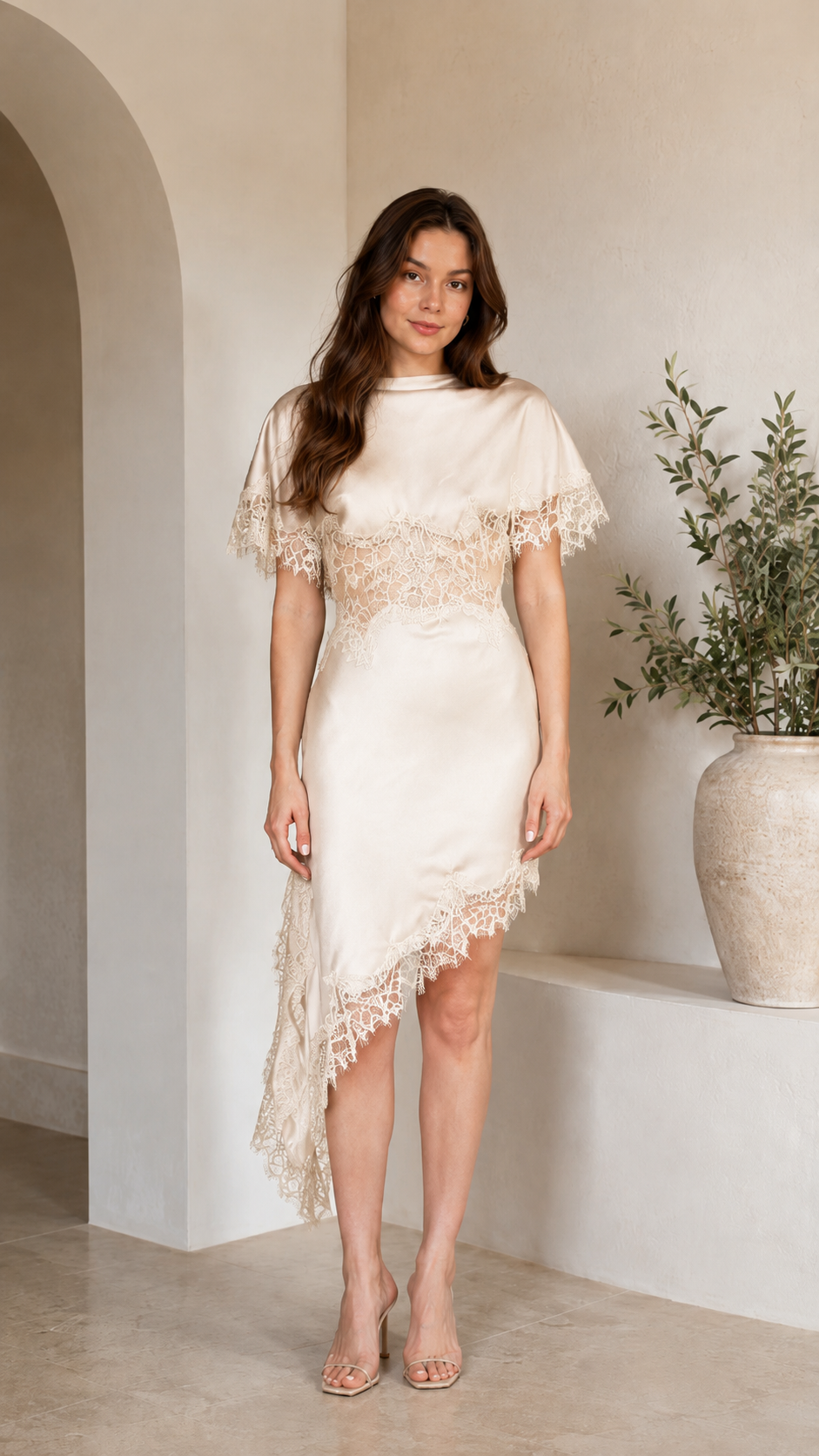 Front view of ivory asymmetrical satin-look dress with delicate lace trim
