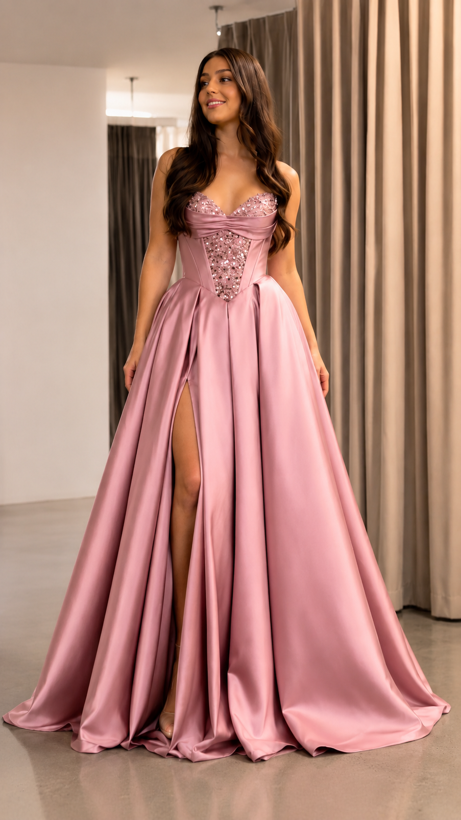 Blush pink strapless sweetheart ball gown with embellished corset bodice and slit