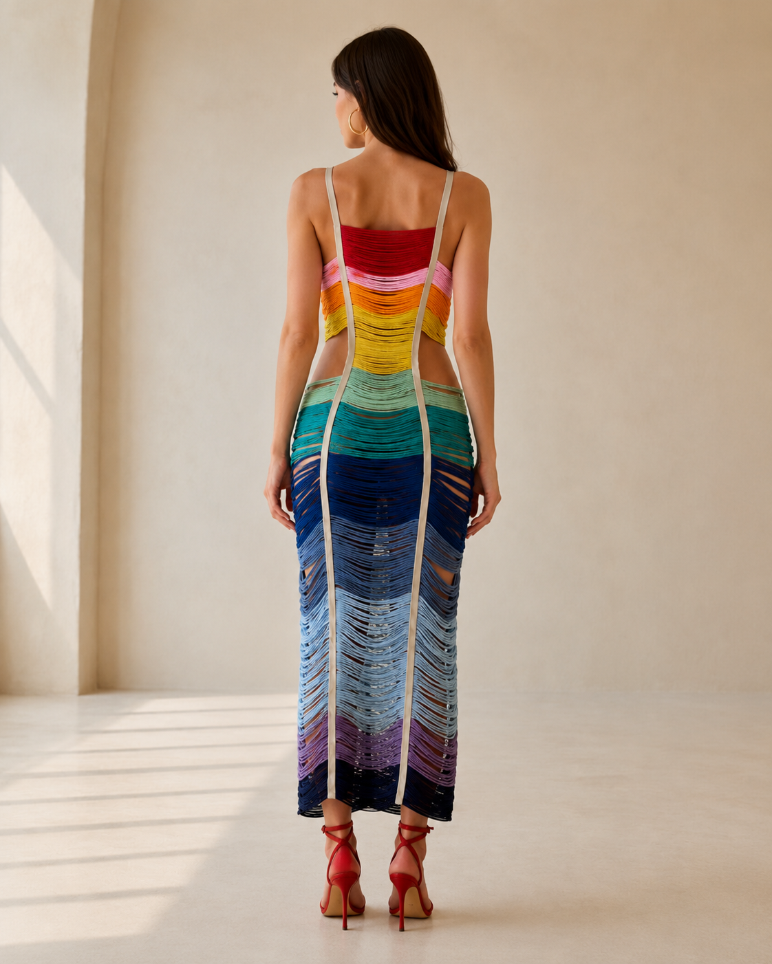 Back view of rainbow ombre sleeveless ruched cutout maxi dress