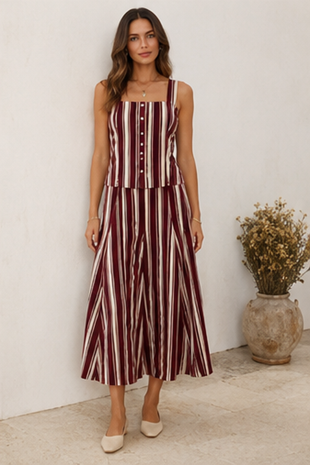 Burgundy striped sleeveless top and wide-leg pants matching set
