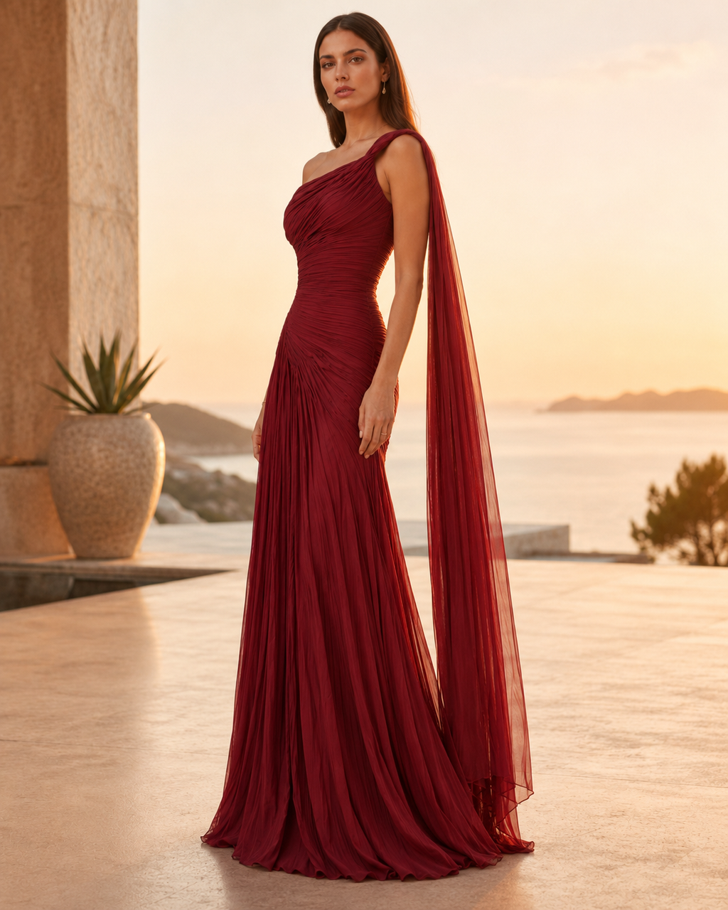 Side view of wine one-shoulder pleated gown with long sheer drape and sweeping hem