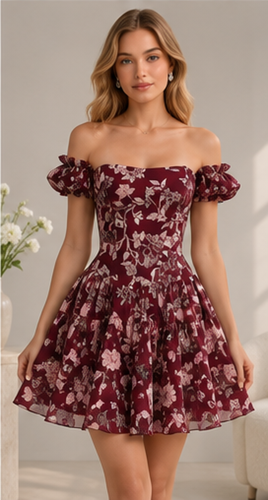 Front view of burgundy floral off shoulder fit and flare mini dress