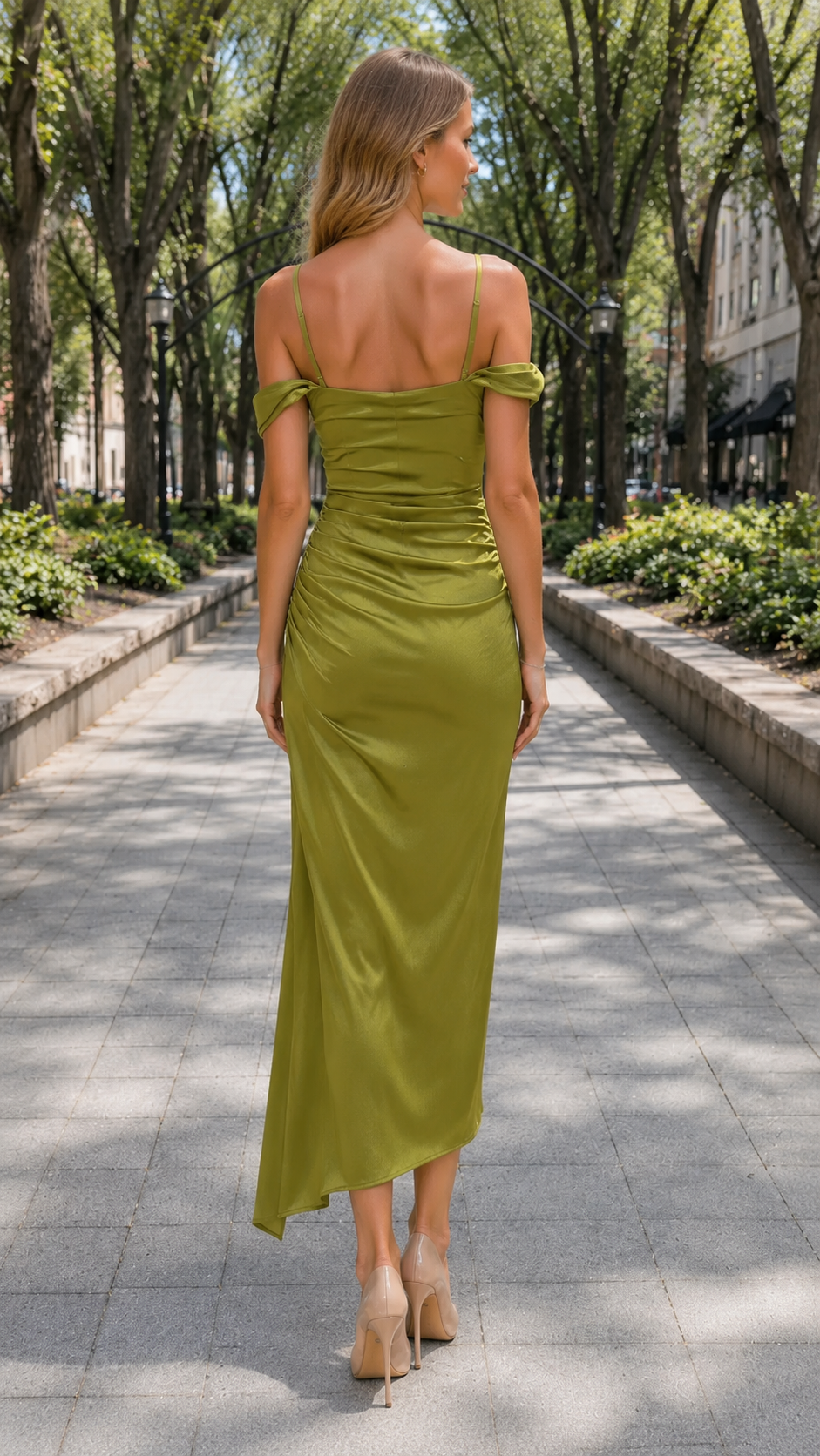 Back view of olive off-shoulder ruched satin-look dress with slim straps and long silhouette