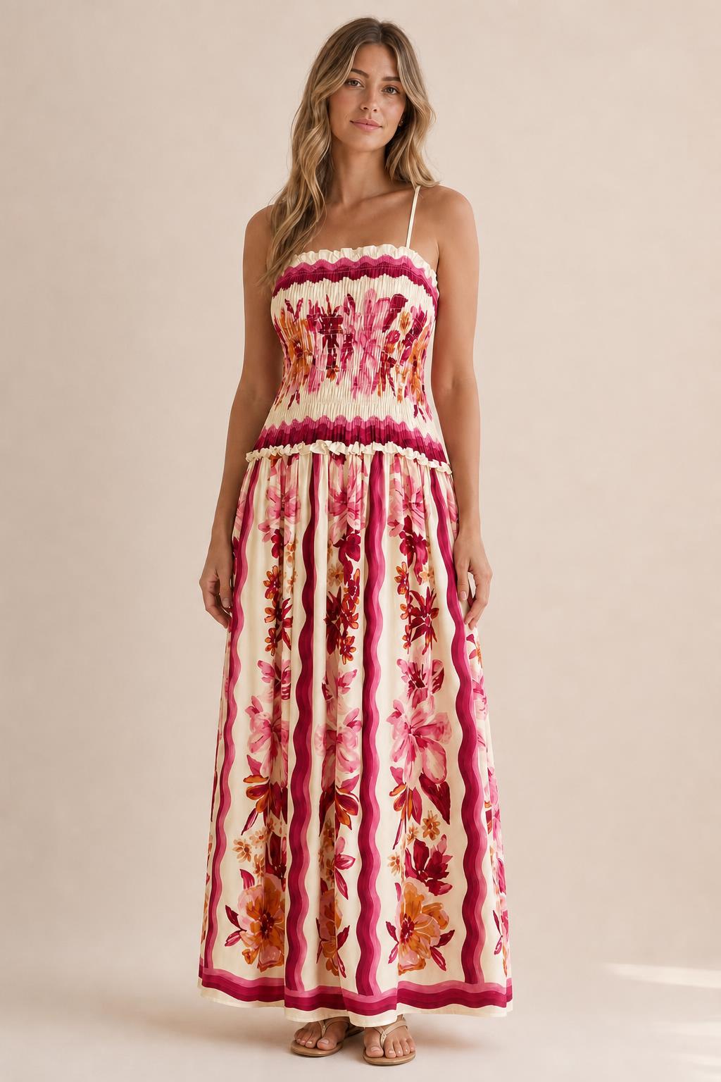 Front view variation of floral print smocked maxi dress in white