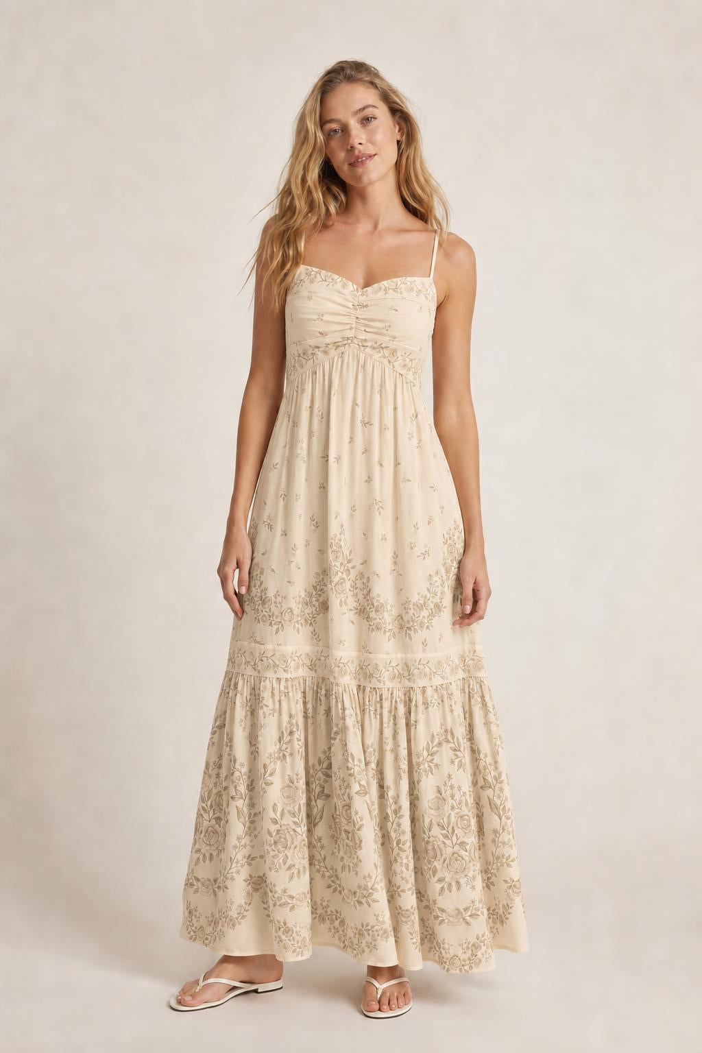 Full length view showcasing tiered skirt drape