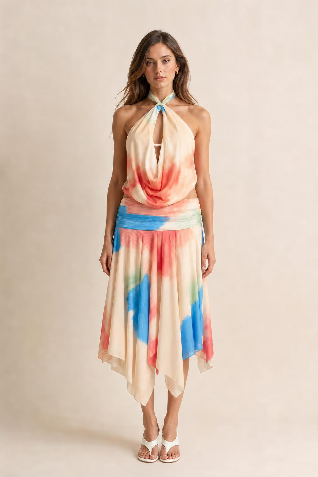 Tie-Dye Halter Neck Asymmetrical Midi Dress