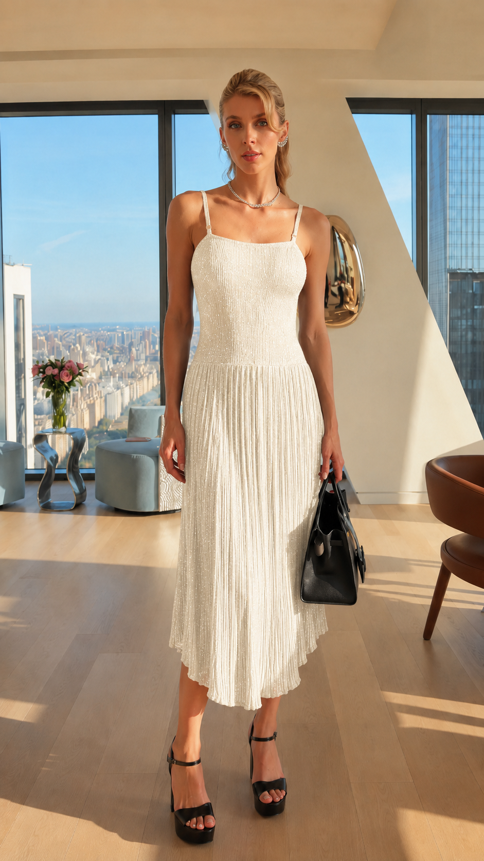 Front view of white shimmer pleated midi dress with spaghetti straps