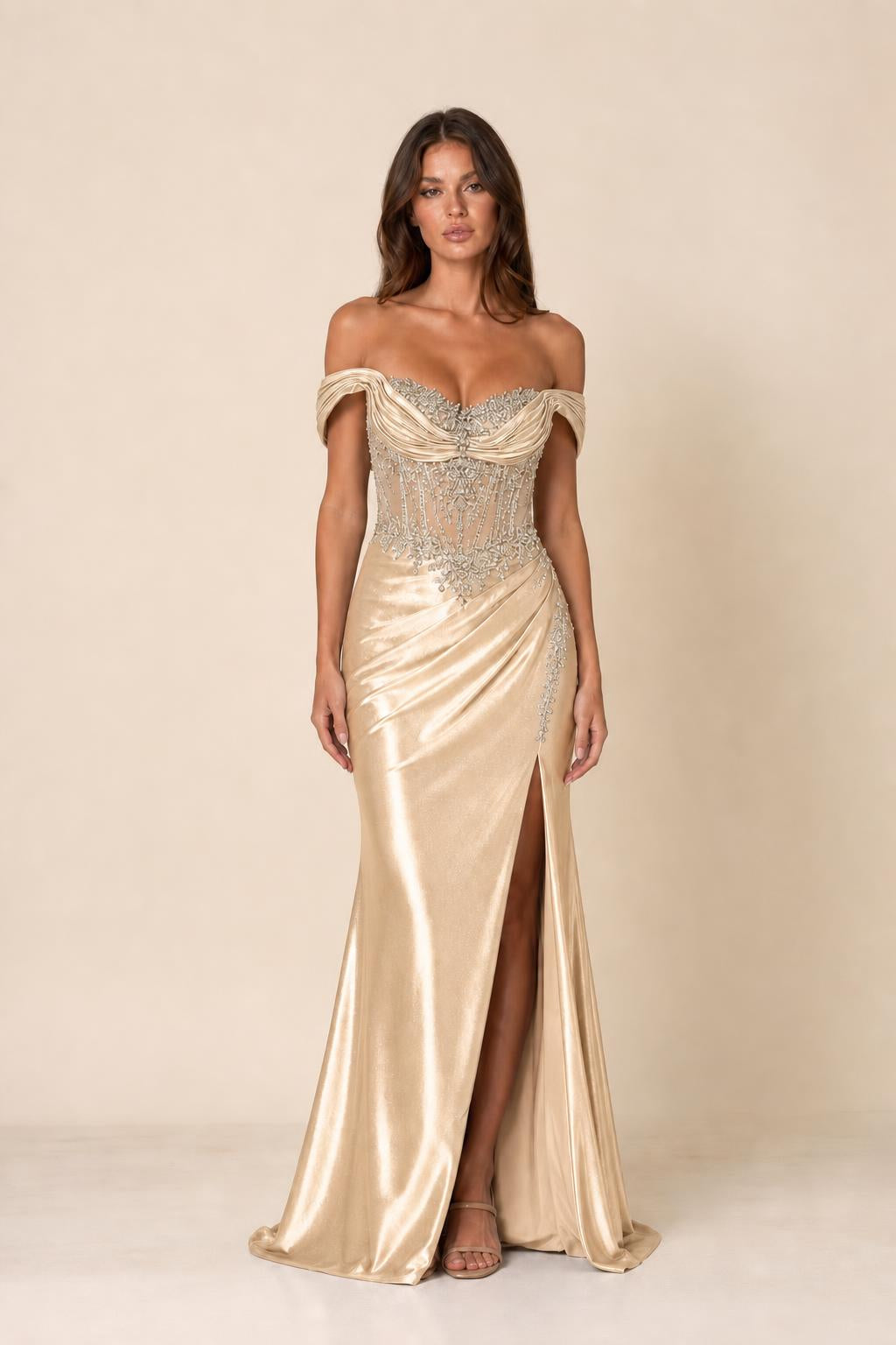 Off-Shoulder Beaded Corset Evening Gown