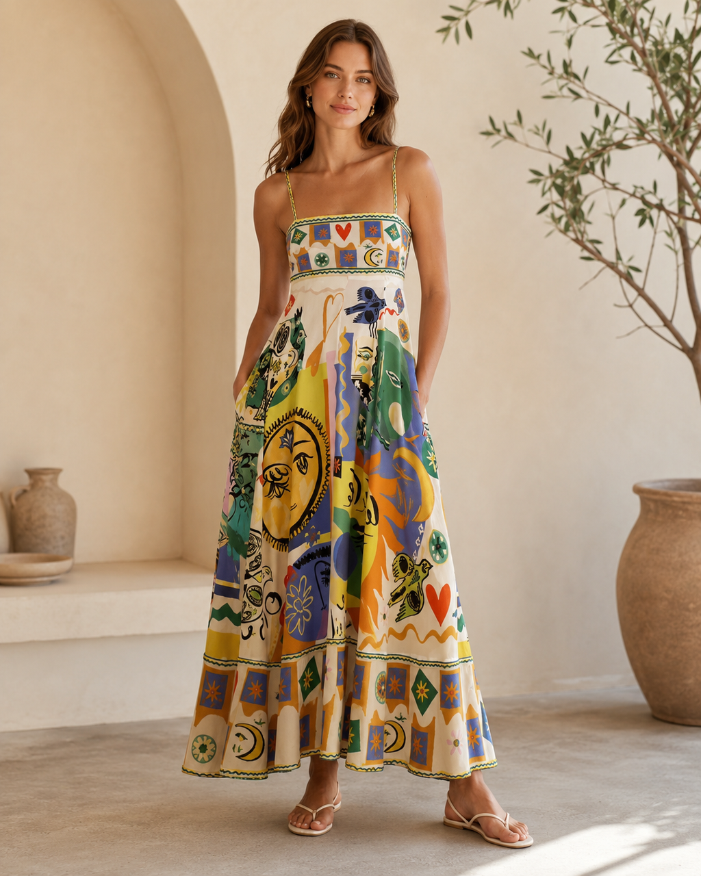 Angled front view of multicolor printed strappy maxi dress