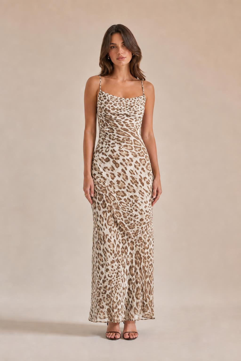 Additional styled shot of brown leopard print maxi slip dress